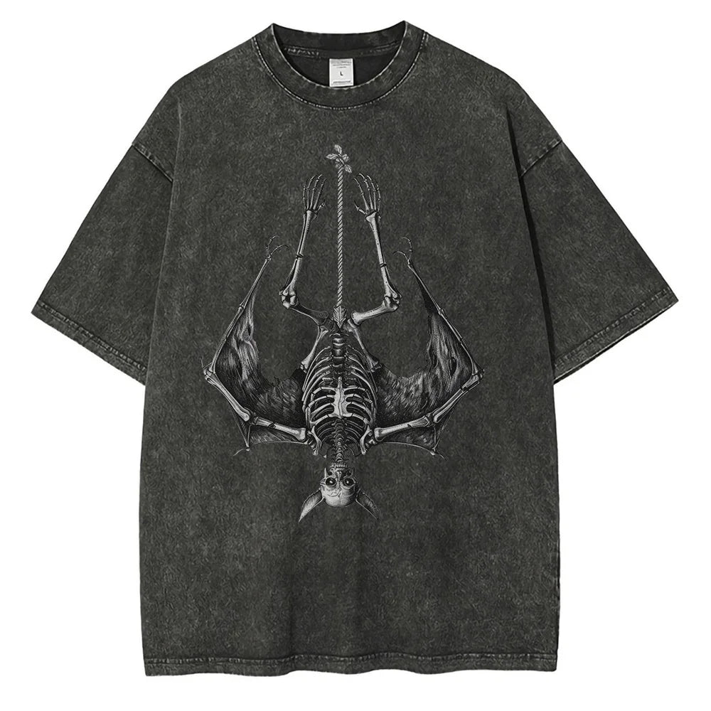 Men Fashion Bat Upside Down Skeleton Cotton Distressed Washed Retro Gothic Loose Shirt Tops