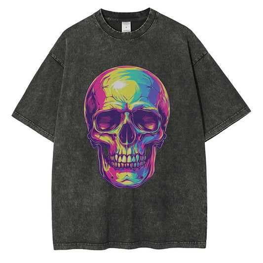 Men Skull Graphic Cotton Distressed Washed Retro Street Tops Tees Shirt