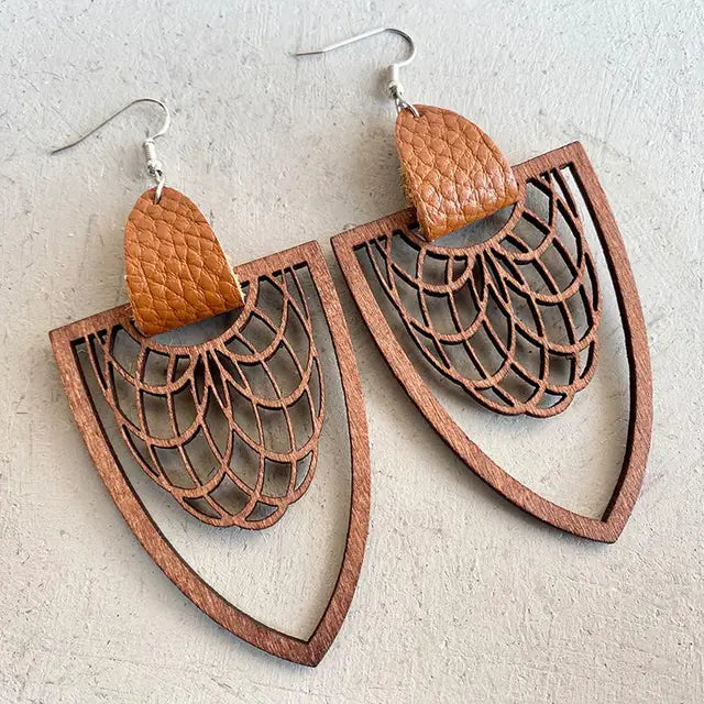 Women Brown Leather Wrapped Cutout Wood Arrow Drop Earrings