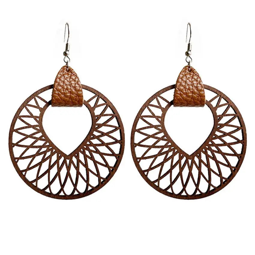 Women Brown Leather Wrapped Cutout Wood Arrow Drop Earrings