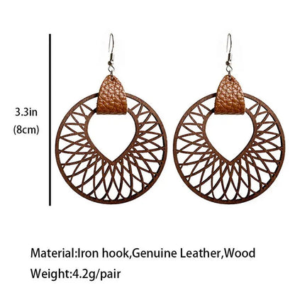 Women Brown Leather Wrapped Cutout Wood Arrow Drop Earrings