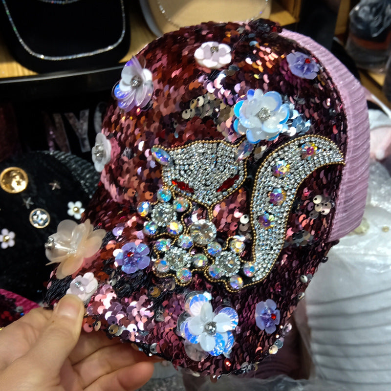 Women Rhinestone Flower Baseball Fashion Sequined Peaked Cap Hats