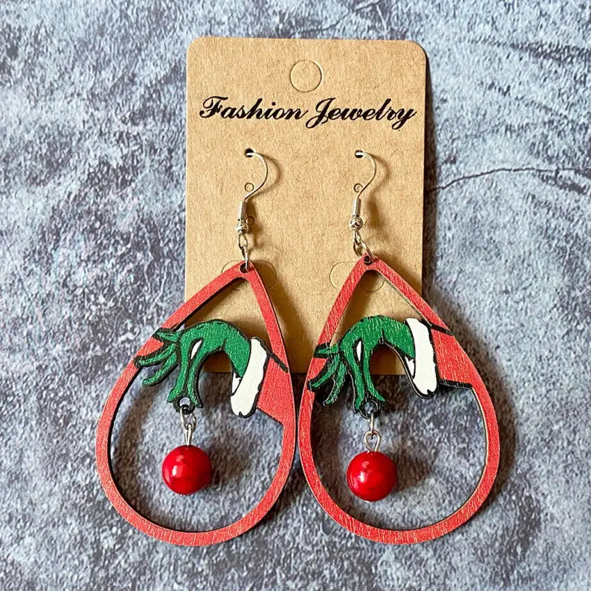 Women Fashion Cartoon Stole Beaded Santa Christmas Earrings