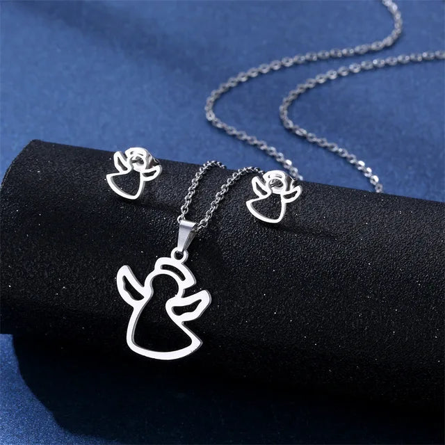 Cartoon Women Elf Angel Wings Pendant Charm Necklace Earrings Sets