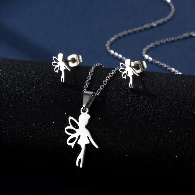 Cartoon Women Elf Angel Wings Pendant Charm Necklace Earrings Sets