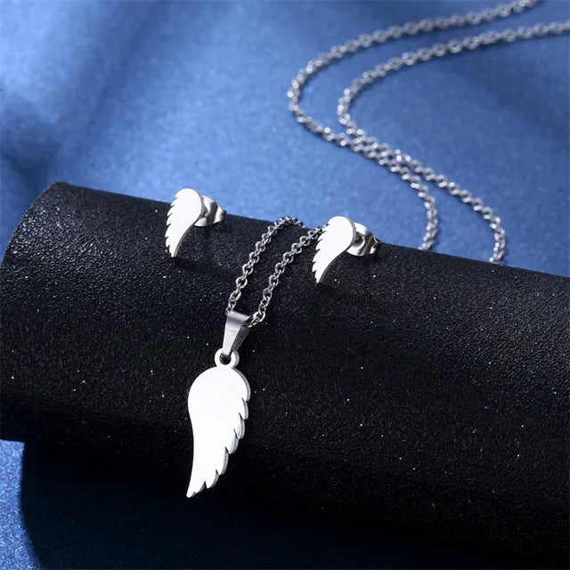 Cartoon Women Elf Angel Wings Pendant Charm Necklace Earrings Sets