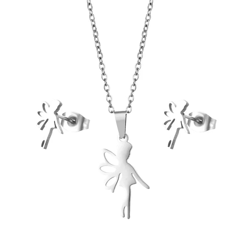 Cartoon Women Elf Angel Wings Pendant Charm Necklace Earrings Sets