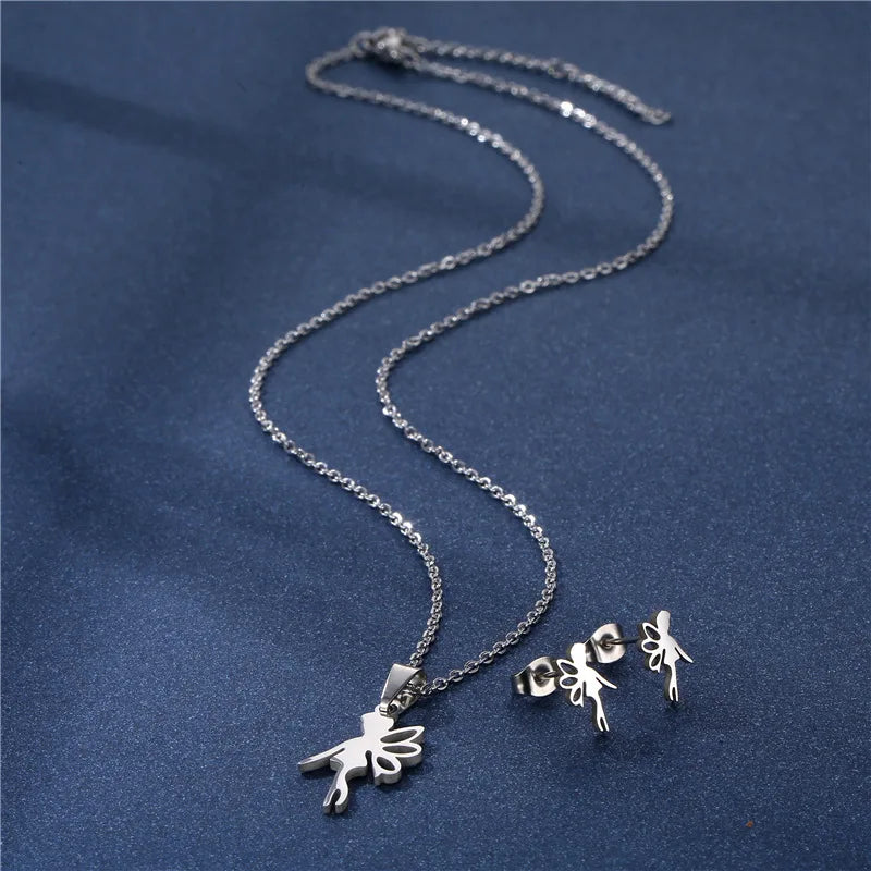 Cartoon Women Elf Angel Wings Pendant Charm Necklace Earrings Sets