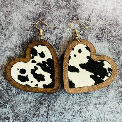 Women Cheetah Print Leather Inlay Wooden Cow Head Bezel Earrings