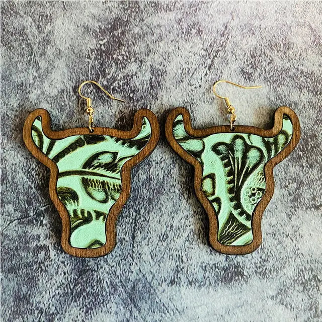 Women Cheetah Print Leather Inlay Wooden Cow Head Bezel Earrings