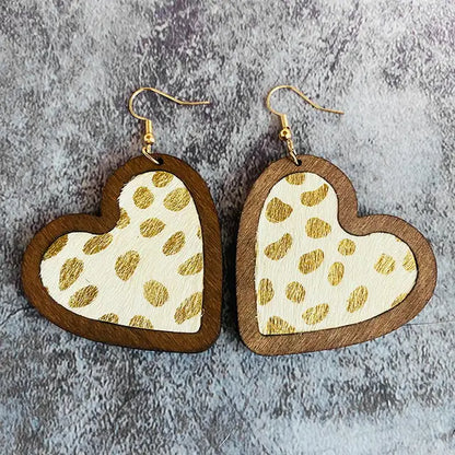 Women Cheetah Print Leather Inlay Wooden Cow Head Bezel Earrings