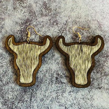 Women Cheetah Print Leather Inlay Wooden Cow Head Bezel Earrings