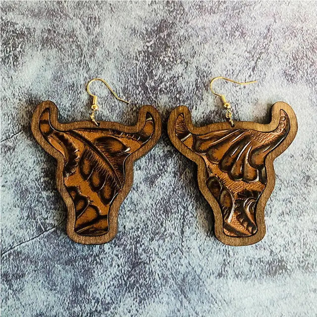 Women Cheetah Print Leather Inlay Wooden Cow Head Bezel Earrings