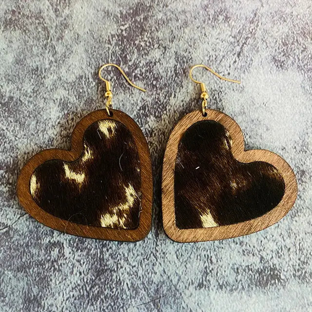 Women Cheetah Print Leather Inlay Wooden Cow Head Bezel Earrings