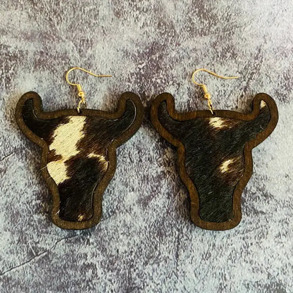 Women Cheetah Print Leather Inlay Wooden Cow Head Bezel Earrings