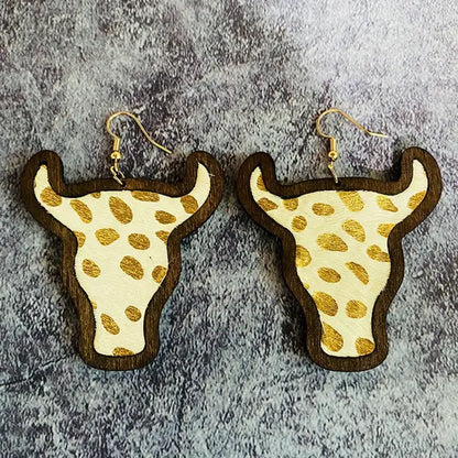 Women Cheetah Print Leather Inlay Wooden Cow Head Bezel Earrings