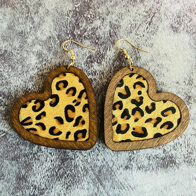 Women Cheetah Print Leather Inlay Wooden Cow Head Bezel Earrings