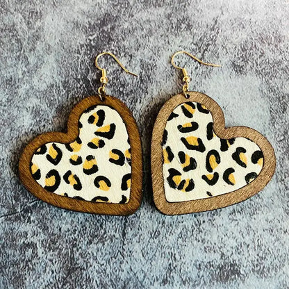 Women Cheetah Print Leather Inlay Wooden Cow Head Bezel Earrings