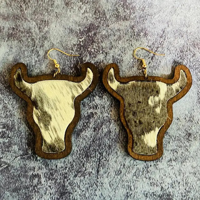 Women Cheetah Print Leather Inlay Wooden Cow Head Bezel Earrings