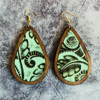 Women Cheetah Print Leather Inlay Wooden Cow Head Bezel Earrings