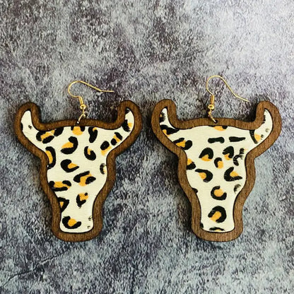 Women Cheetah Print Leather Inlay Wooden Cow Head Bezel Earrings