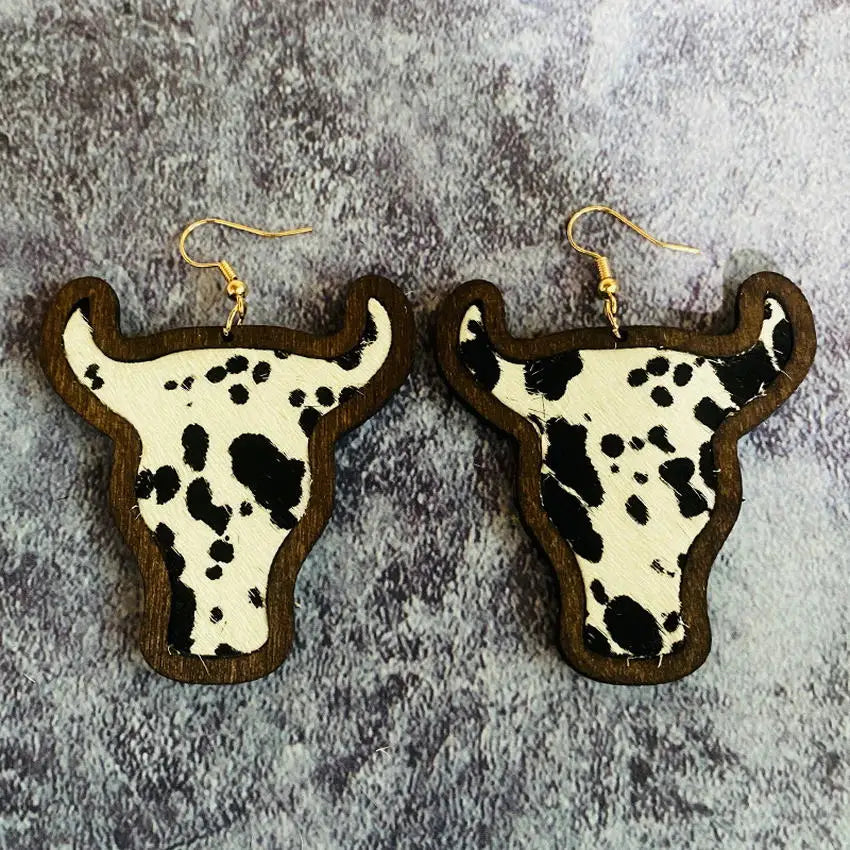 Women Cheetah Print Leather Inlay Wooden Cow Head Bezel Earrings