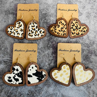 Women Cheetah Print Leather Inlay Wooden Cow Head Bezel Earrings