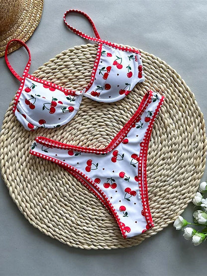 2pcs Cherry Printed Underwired Brazilian Bikini Swimwear Bathing Suits