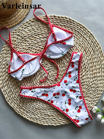 2pcs Cherry Printed Underwired Brazilian Bikini Swimwear Bathing Suits