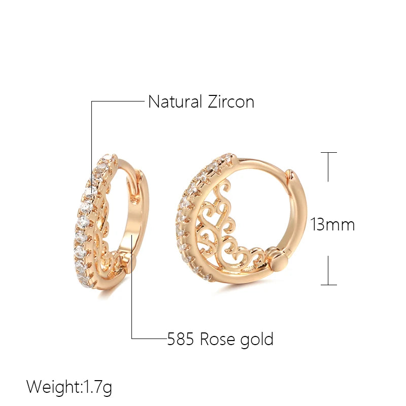 Women Classic Vintage 585 Rose Gold Fancy Natural Zircon Micro Hollow Hoop Stud Earrings