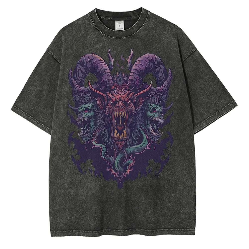 Men Cotton Distressed Washed Graphic Devil Beast Printed Vintage Tops Tees Shirts