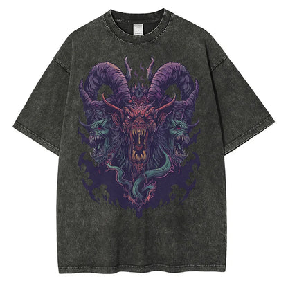 Men Cotton Distressed Washed Graphic Devil Beast Printed Vintage Tops Tees Shirts