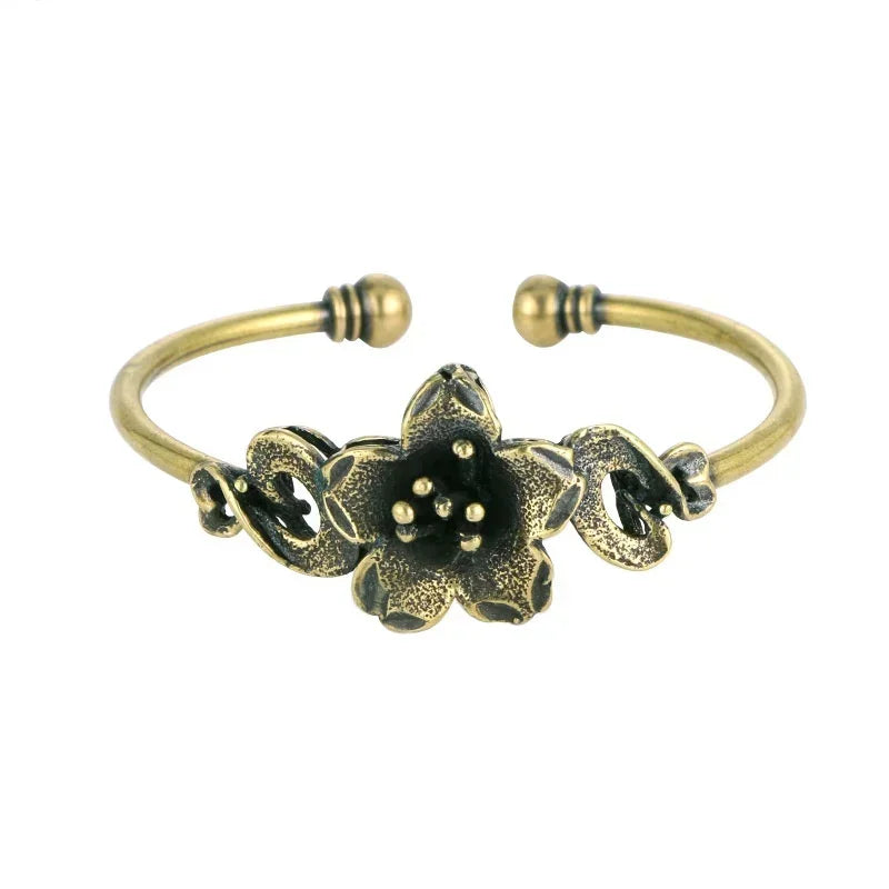 Women Retro Brass Flower Pattern Pure Copper Open Bracelet Bangle