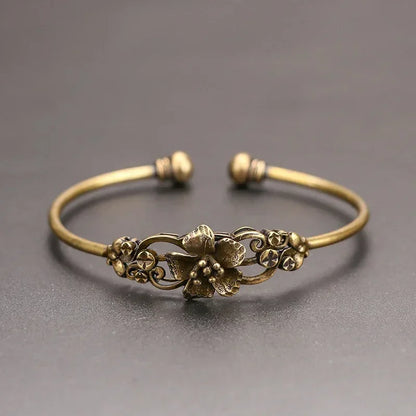 Women Retro Brass Flower Pattern Pure Copper Open Bracelet Bangle