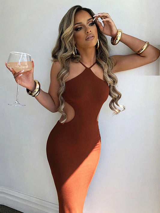 Women Halter Maxi Sleeveless Backless Party Cutout Bandage Dress