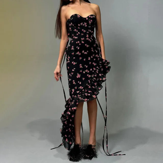 Women Floral Slit Long Party Club Backless Spaghetti Strap Ruffle Dress