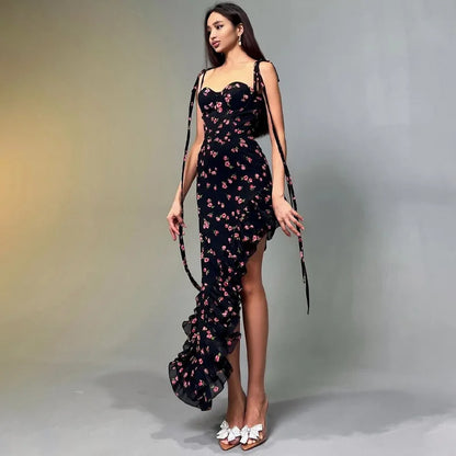 Women Floral Slit Long Party Club Backless Spaghetti Strap Ruffle Dress