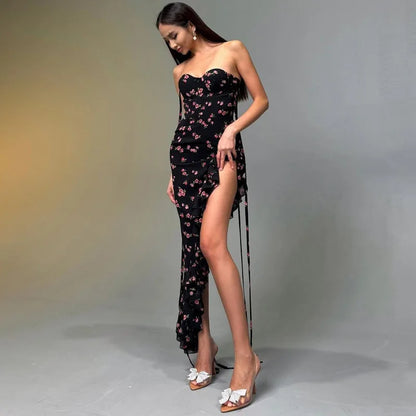 Women Floral Slit Long Party Club Backless Spaghetti Strap Ruffle Dress