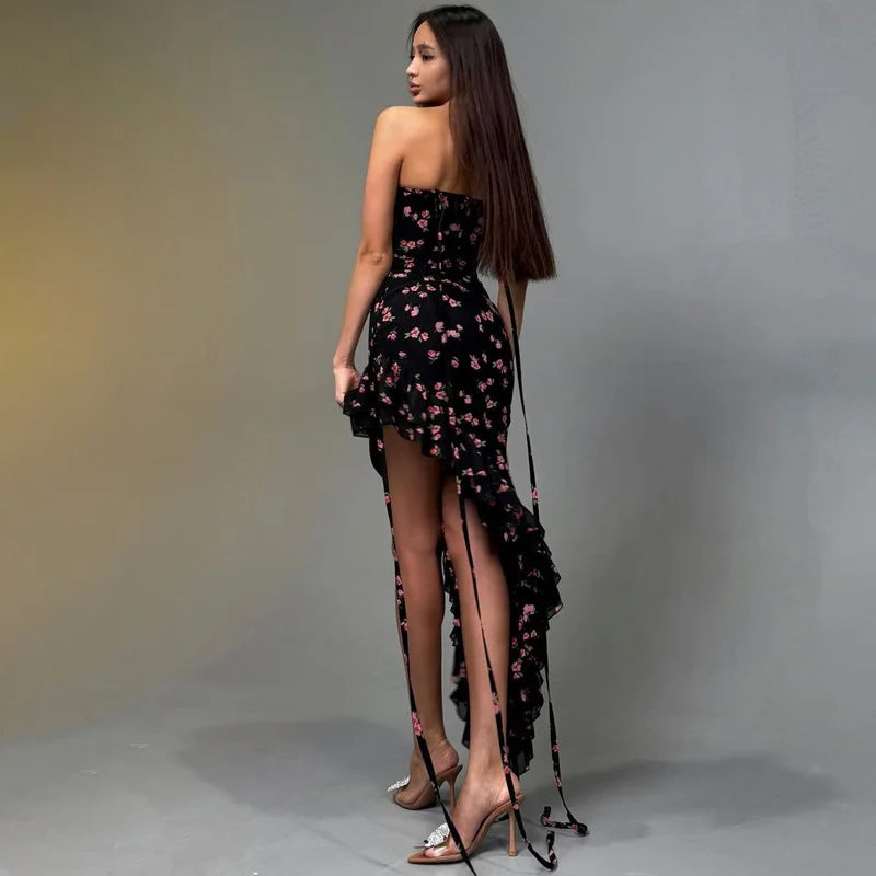 Women Floral Slit Long Party Club Backless Spaghetti Strap Ruffle Dress