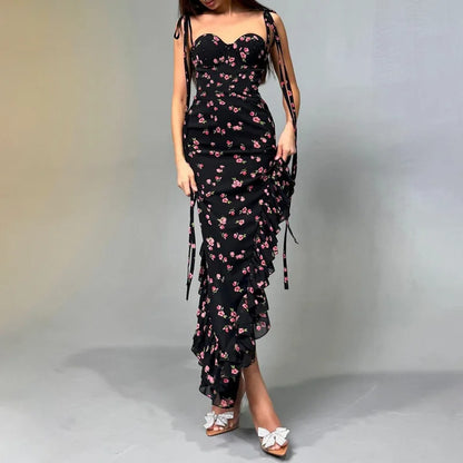 Women Floral Slit Long Party Club Backless Spaghetti Strap Ruffle Dress