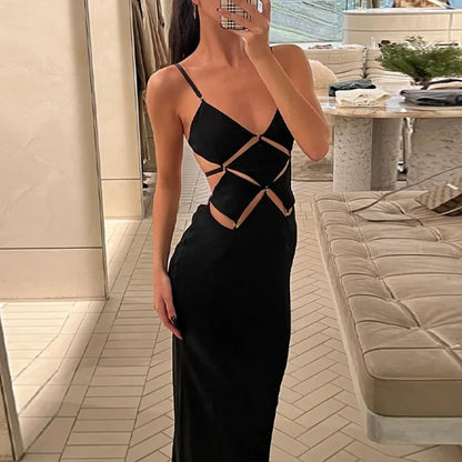 Women Fashion Hollow Out Slip Sleeveless Party Black Maxi Dress