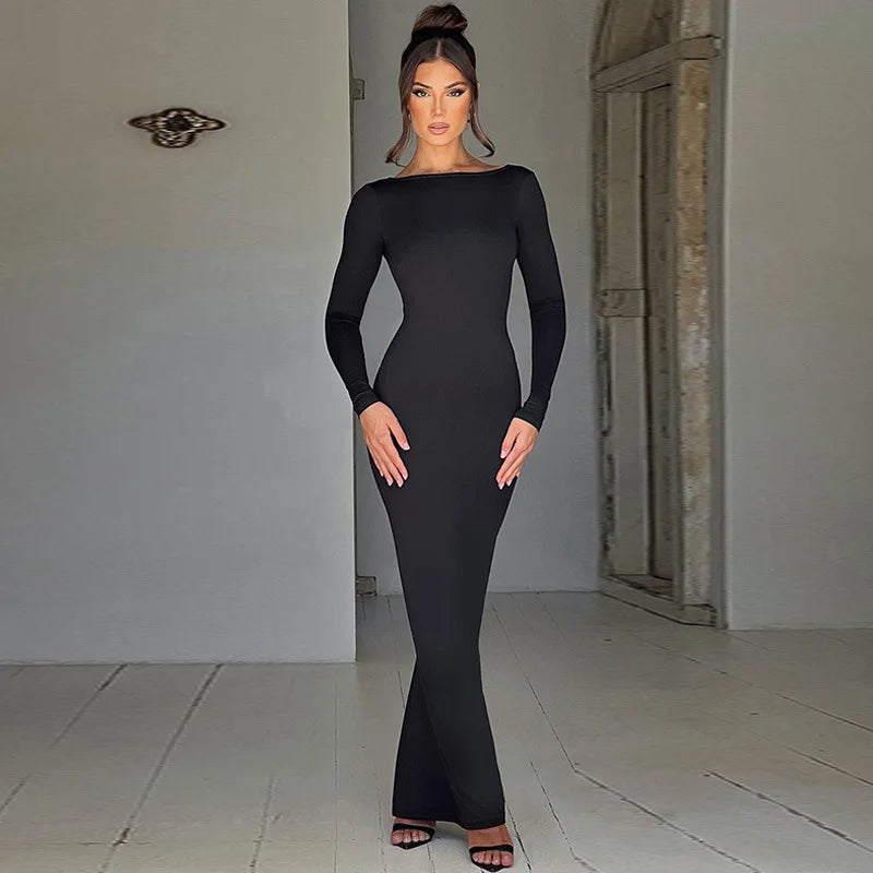 Women Elegant Open Back Ruched Bodycon Long Sleeve Maxi Dress Gown