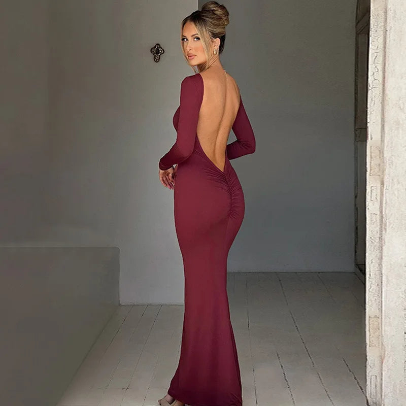 Women Elegant Open Back Ruched Bodycon Long Sleeve Maxi Dress Gown