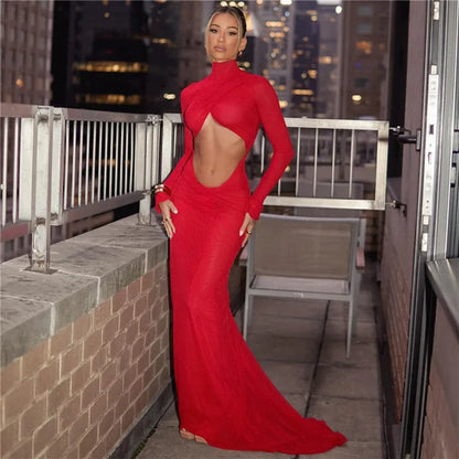 Women Elegant Red Cut Out Long Sleeve Ruched Backless Maxi Evening Dress