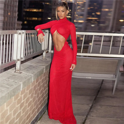 Women Elegant Red Cut Out Long Sleeve Ruched Backless Maxi Evening Dress