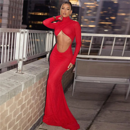 Women Elegant Red Cut Out Long Sleeve Ruched Backless Maxi Evening Dress