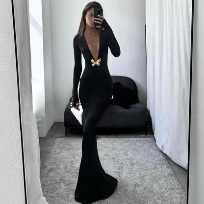 Women Deep V Neck Maxi Long Sleeve Bodycon Mermaid Dress