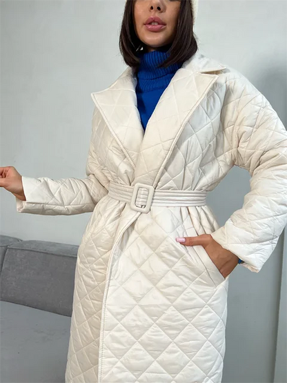 Women Long Sleeve Parkas Quilted Warm Belt Trench Down Jackets Coats