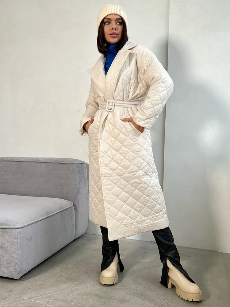 Women Long Sleeve Parkas Quilted Warm Belt Trench Down Jackets Coats