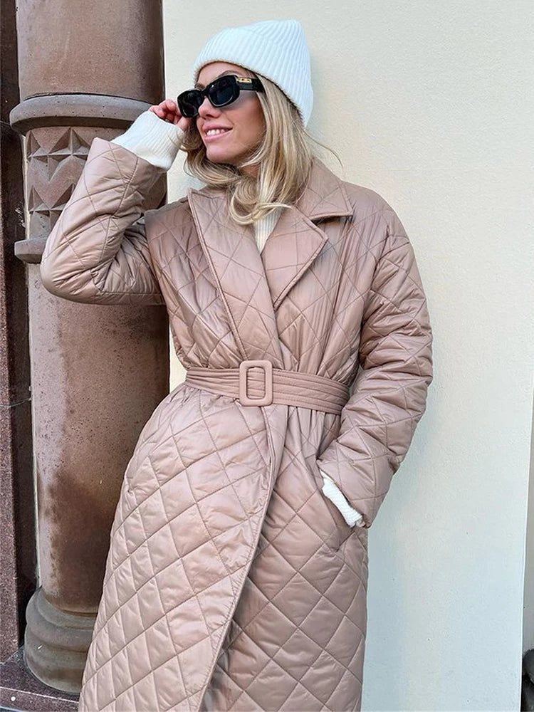 Women Long Sleeve Parkas Quilted Warm Belt Trench Down Jackets Coats